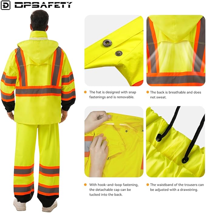 Hi Vis Safety rain Jacket，Reflective Class 3 Rain coat with Inner Mesh Lining and Pockets High Visibility Waterproof work Rain Suits for men&women（Yellow,SM/MD）