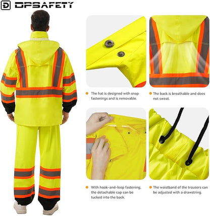 Hi Vis Safety rain Jacket，Reflective Class 3 Rain coat with Inner Mesh Lining and Pockets High Visibility Waterproof work Rain Suits for men&women（Yellow,LG/XL）