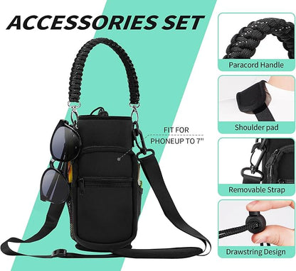 32/40/64/87/128 oz Water Bottle Carrier Bag, Neoprene Water Bottle Sleeve with 4 Pocket, Sport Water Holder with Paracord Handle and Shoulder Strap for Walking Hiking Camping Gym