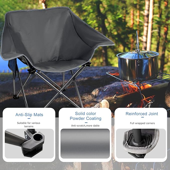 Portable Camping Chair Compact Collapsible Outdoor Folding Sports Chairs for Adults Heavy Duty Camp Sporting Events Park Lawn 400 Lbs Gray