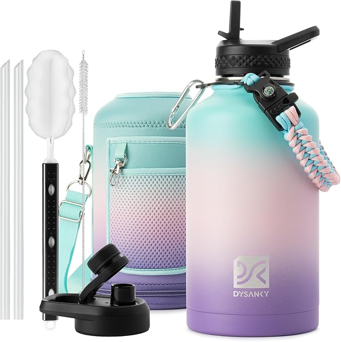 Insulated Water Bottle | Thickened Stainless Steel Vacuum Metal Portable Sports Half Gallon Large Water Jug for Gym and Hiking with Straw, Carrier Bag, Handle Strap | BPA-Free 64 oz