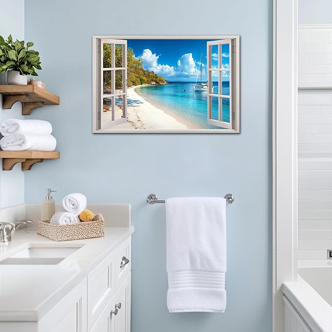 ANRUOXI Beach Wall Art, Window Frame Style Canvas Wall Decor Ocean, Blue Sea & Tropical Palm Tree Coasts Boats Canvas, Paradise Scenery Nature Landscape Painting for Living Room Office Home 28x40 Inch