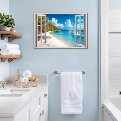 ANRUOXI Beach Wall Art, Window Frame Style Canvas Wall Decor Ocean, Blue Sea & Tropical Palm Tree Coasts Boats Canvas, Paradise Scenery Nature Landscape Painting for Living Room Office Home 28x40 Inch