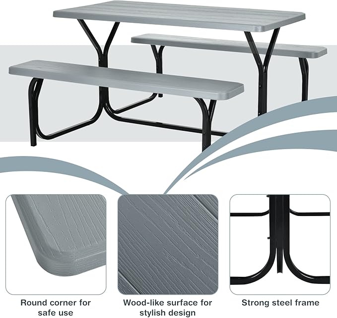 Tangkula Picnic Table Bench Set, Outdoor Picnic Table with 2 Benches, Metal Camping Table with Plastic Wood-Like Texture Tabletop & Steel Frame, Ideal for Picnic, Party, Garden, Lawn (Grey)