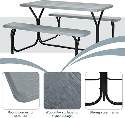 Tangkula Picnic Table Bench Set, Outdoor Picnic Table with 2 Benches, Metal Camping Table with Plastic Wood-Like Texture Tabletop & Steel Frame, Ideal for Picnic, Party, Garden, Lawn (Grey)