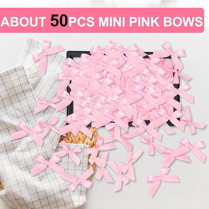 Mini Glue Gun and Sticks Set with Mini Pink Bows - 50 Pcs, 20 Pcs Glue Sticks and Tiny Bows with Hard Shell Carry Case for School DIY Crafts Arts Wedding Party Favors, Gift Box Decorations