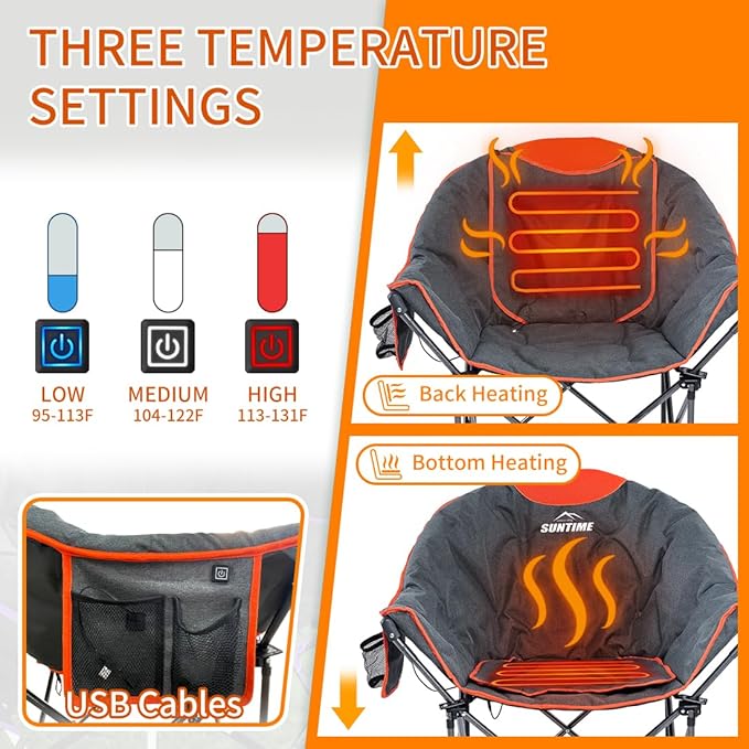 OUTDOOR LIVING SUNTIME Oversized Heated Camping Chair,3 Heat Levels, Portable Folding Lawn Chairs for Adults Outdoor Sports Support 400 LBS，Padded Moon Leisure Chair for Camping,Battery Not Included