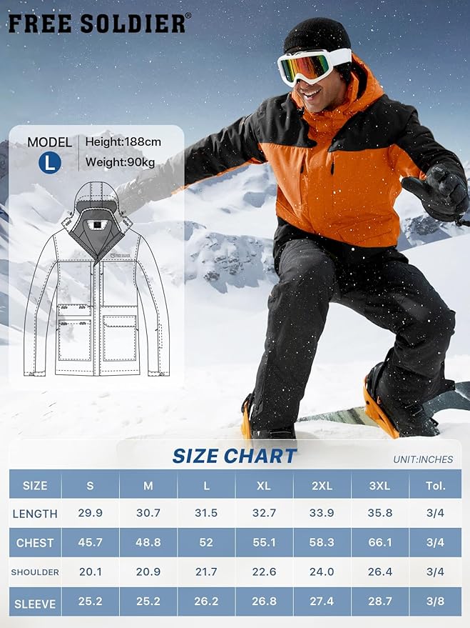 FREE SOLDIER Men's Waterproof Ski Jacket Fleece Lined Warm Winter Snow Coat with Hood Fully Taped Seams