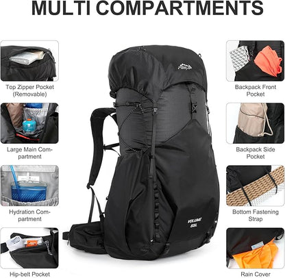 55L Internal Frame Waterproof Hiking Camping Backpack with 3L Water Bladder and Rain Cover, Large Lightweight Travel Daypack Rucksack for Climbing (8120 Black)