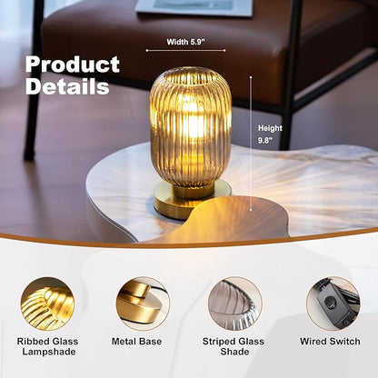 Modern Ribbed Glass Table Lamps Mid Century Bedside Light Small Nightstand Lamp with Plug-in Style, E26 Ambient Lighting for Bedroom Living Room Tabletop, Smoke Gray