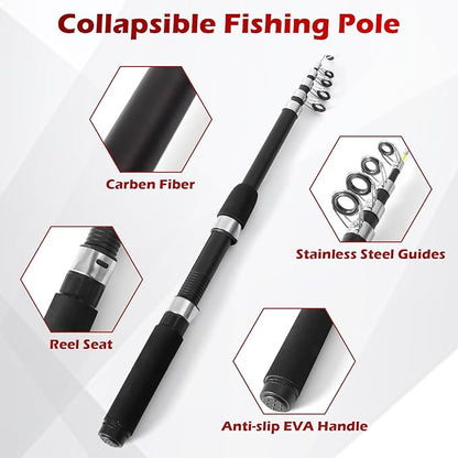 Fishing Rod and Reel Combo Set - 2PCS 6.89ft Collapsible Carbon Fiber Rods with Spinning Reels Fishing Lures Carrier Bag for Travel Saltwater Freshwater Complete Fishing Pole Kit for Anglers