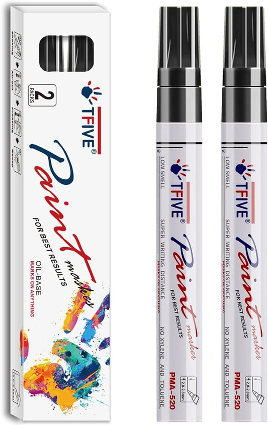 TFIVE Black Permanent Paint Marker Pens - 2 Count Oil Based Marker Pen, Medium Tip, Waterproof & Quick Dry, for Office, Art projects, Rock Painting, Ceramic, Glass, Wood, Plastic, Metal, Canvas