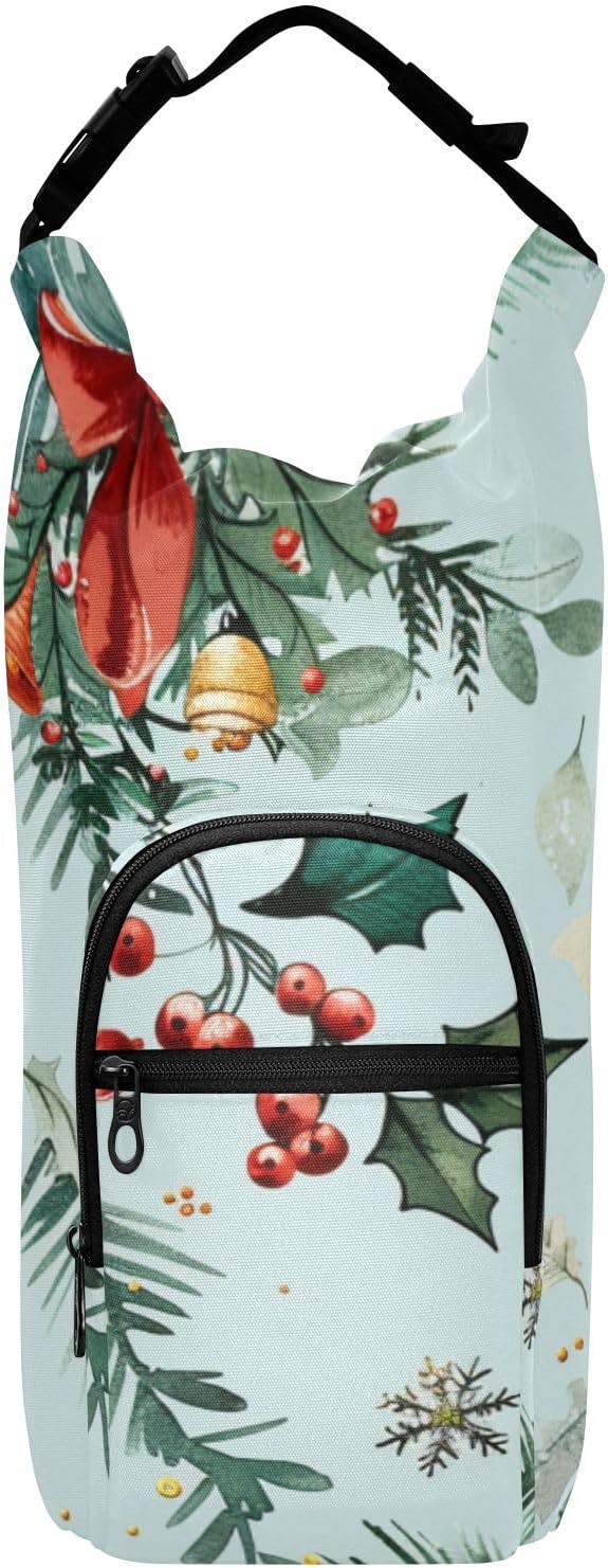 Red Bow Christmas Holly Water Bottle Holder with Strap Insulated Water Bottle Carrier Crossbody Bags Pouch with Phone Pocket for Travel Gym Hiking Walking Running