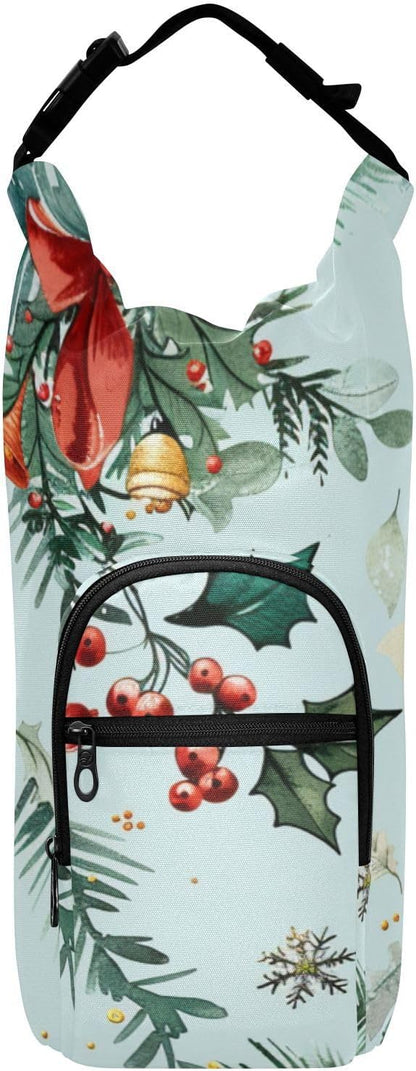 Red Bow Christmas Holly Water Bottle Holder with Strap Insulated Water Bottle Carrier Crossbody Bags Pouch with Phone Pocket for Travel Gym Hiking Walking Running