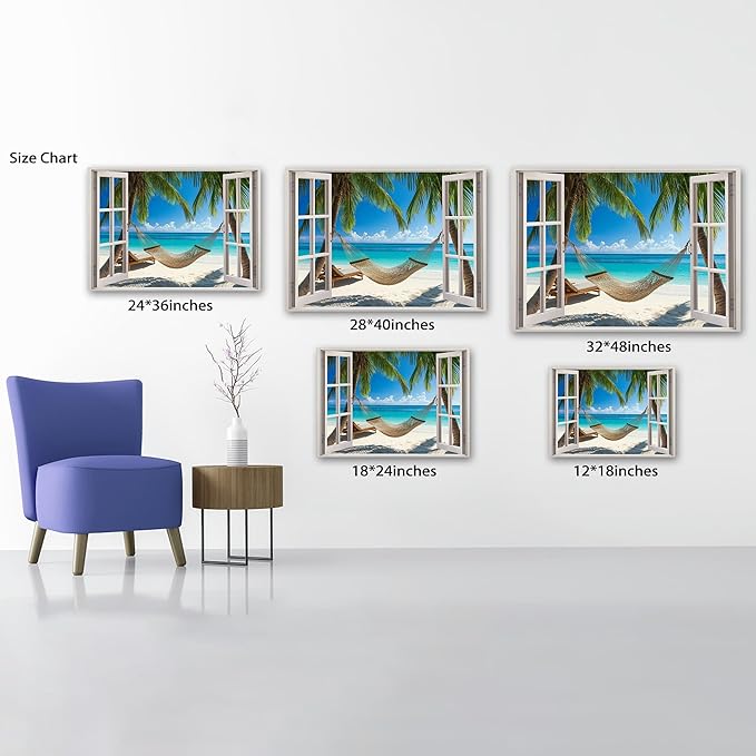 ANRUOXI Beach Wall Art, Blue Ocean Canvas Wall Decor, Beach Theme Window Frame Style Prints Blue Sea Painting, White Window Frame Style Seaside Nature Coastal Framed Artwork for Bathroom 32x48 Inch