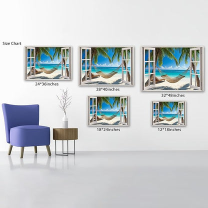 ANRUOXI Beach Wall Art, Blue Ocean Canvas Wall Decor, Beach Theme Window Frame Style Prints Blue Sea Painting, White Window Frame Style Seaside Nature Coastal Framed Artwork for Bathroom 32x48 Inch