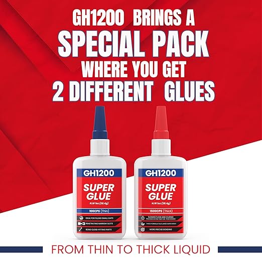 GH1200 57 Grams (2 oz) 100/1500 CPS (Thin/Thick) Super Glue All Purpose with Anti Clog Cap. Ca Glue - Adhesive SuperGlue. Cyanoacrylate Glue for Hard Plastics, DIY Craft, Metal 1 Oz Each
