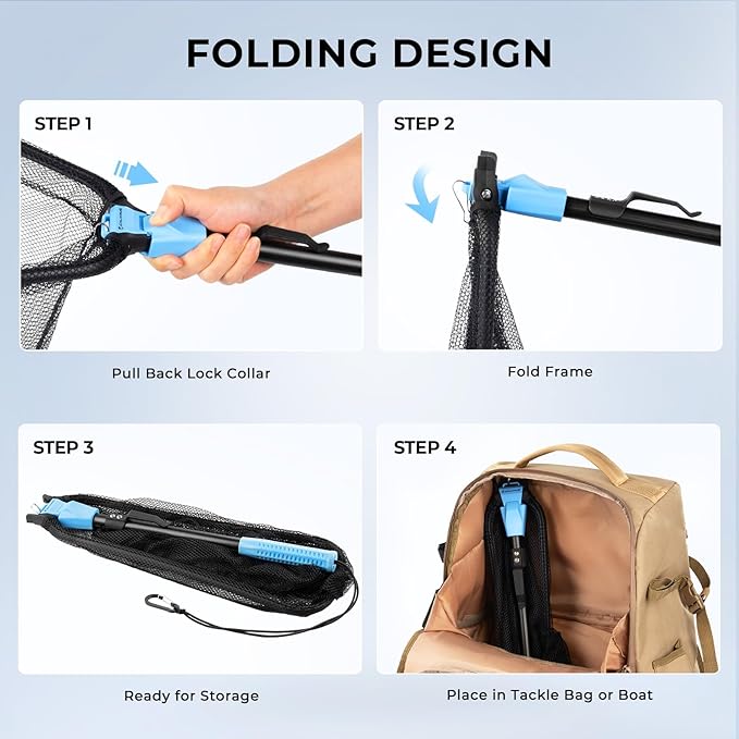 Calamus Triangle Fishing Net, Foldable, Lightweight & Strong Landing Net with Non-Slip Elastomer Handle, Built-in Elastic Lanyard and Belt Clip, Fishing Gear - Gift for Men