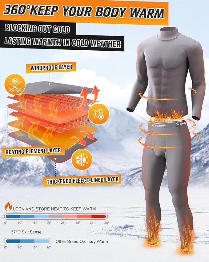 CL convallaria Long Johns Thermal Underwear for Men Soft Fleece Lined Base Layer Cold Weather Top Bottom Gift Set