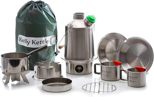 Kelly Kettle® Ultimate 'Scout' Kit VALUE DEAL | 41oz Steel Camp Kettle, Cook Set, Hobo Stove, Cups, Plates, Base Support | Use Sticks to Boil & Cook Fast | Camping, Fishing, Picnics, Emergencies
