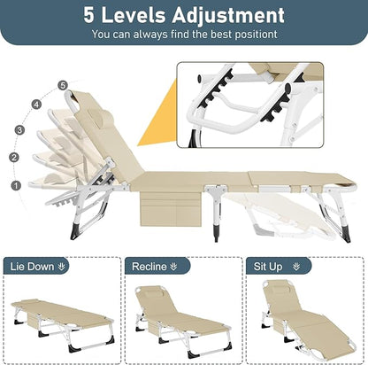 LILYPELLE 5-Position Folding Chaise Lounge Chair with Mattress, Beach & Patio Use, Khaki