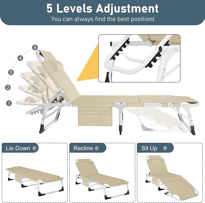 LILYPELLE Folding Chaise Lounge Chair with Mattress, 5 Position Beach Chair with Face Hole, Patio Chaise Lounge Chairs for Outside, Sunbathing, Camping, Pool, Beach, Poolside
