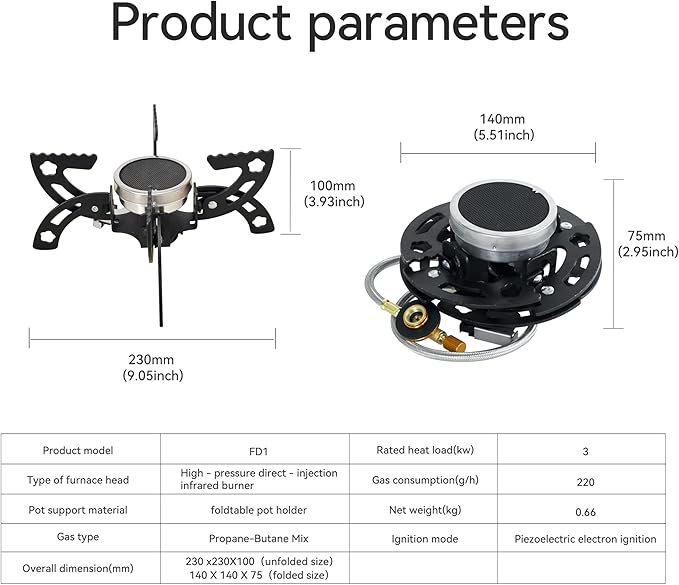 REDSUN FD1 Portable Infrared Backpacking Stove with Foldable 4-Leg Support, Windproof Butane Camping Burner for Hiking, Outdoor Survival Gear and Man's Gift