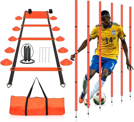 Soccer Agility Training Equipment, Includes 20ft Agility Ladder, 6 Adjustable Agility Poles, 10 Disc Cones, Jump Rope-Speed Training Set for Soccer Football Basketball Athletes