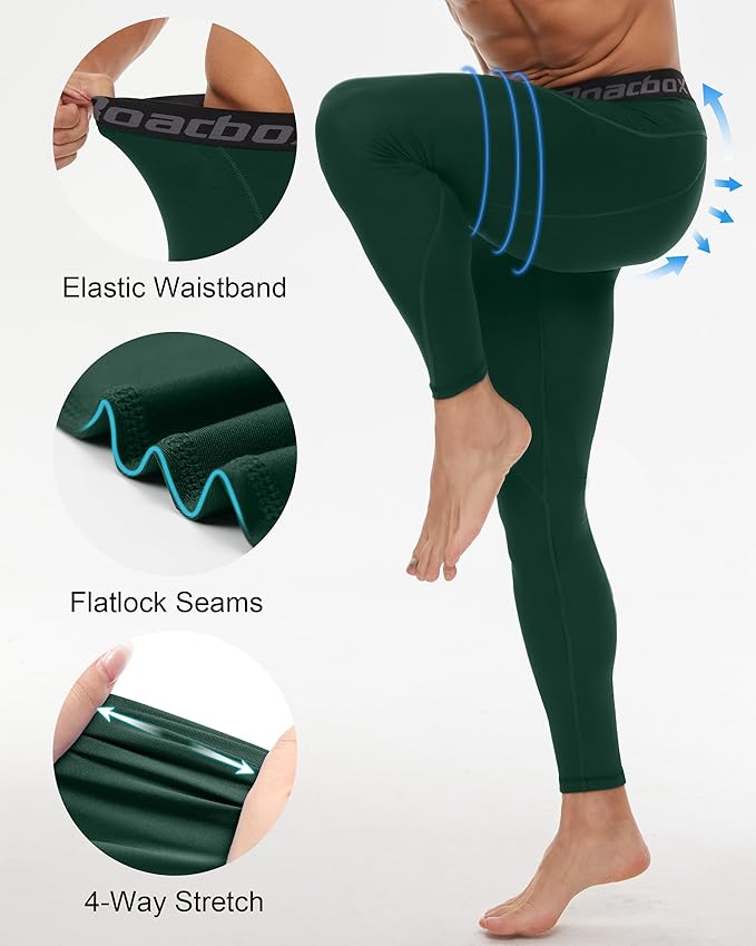 Roadbox 3 Pack Compression Pants Men, Performance Running Workout Sports Leggings, Gym Basketball Athletic Tights Base Layer