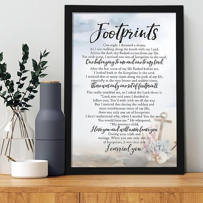 Footprints in the Sand Religious Canvas Wall Art Posters, Inspirational Beach Sunset Poem Print Poster (Black Framed 12x18inch, Footprints(6))