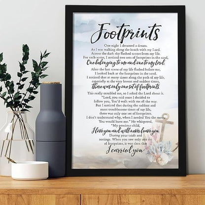 Footprints in the Sand Religious Canvas Wall Art Posters, Inspirational Beach Sunset Poem Print Poster (Black Framed 12x18inch, Footprints(6))