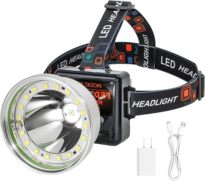 Rechargeable LED Headlamp with Flood and Spot Beam, Power Display, 4 Lighting Modes, Ultra Bright High Lumen Waterproof Head Torch for Camping, Running, Hiking, Fishing, Hunting, Outdoor Activities