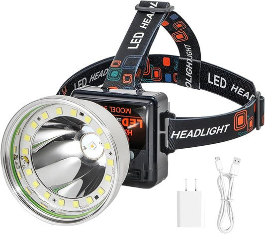 Rechargeable LED Headlamp with Flood and Spot Beam, Power Display, 4 Lighting Modes, Ultra Bright High Lumen Waterproof Head Torch for Camping, Running, Hiking, Fishing, Hunting, Outdoor Activities