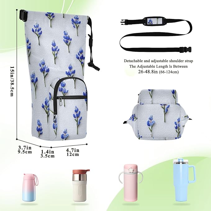 White Bluebonnets Water Bottle Holder with Strap Insulated Water Bottle Carrier Crossbody Bags Pouch with Phone Pocket for Travel Gym Hiking Walking Running