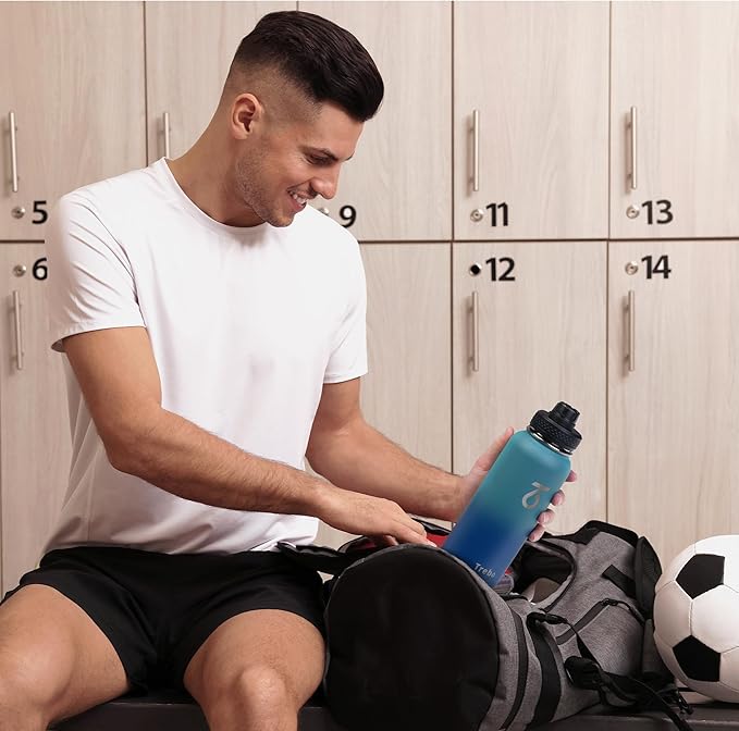 Trebo 40oz Water Bottle Insulated with Lid and Straw,Double Wall Vacuum Stainless Steel Tumbler Sports Flask with Paracord Handle, Keep Hot 24 Hours & Cold 48 Hours Water Jug with 3 Lids, Cyan Blue