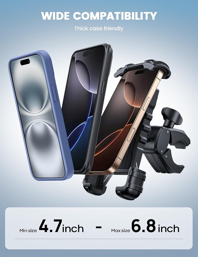 Lamicall Bike Phone Holder Mount - Motorcycle Handlebar Phone Mount Clamp, One Hand Operation, ATV Scooter Phone Clip for iPhone Air 17 16 15 Pro Max / 14 Plus, S20 and 4.7-6.8" Cellphone, Black