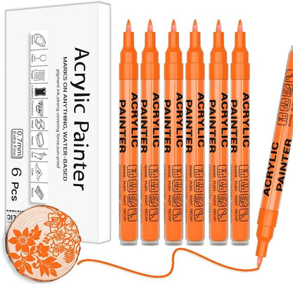 Acrylic Paint Pens Waterproof Markers 6 Orange Permanent Marker Pens Acrylic Pens for Rock Painting Glass Stone Ceramic Metal Fabric Pebble Painting pens Craft Supplies