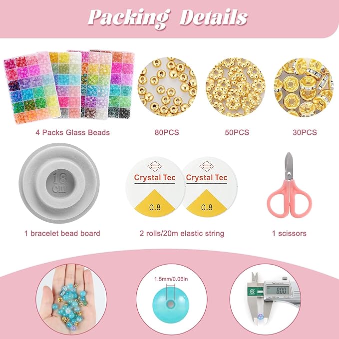 Funtopia 8mm Glass Beads for Jewelry Making, 4 Types 96 Colors Glass Beads Bracelet Making Kit, 2276pcs Round Crystal Beads for Bracelets Necklace Earrings DIY Crafts