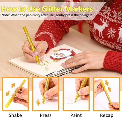 Betem Glitter Markers Pen, 12 Colors Sparkly and Shiny Metallic Markers Fine Tip Water-based Ink Glitter Pens For Scrapbooking Supplies, Glass, Mugs, Rock Painting, Cards, Christmas Gifts for Teens