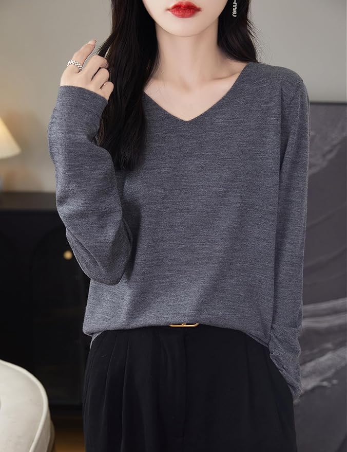 Chanyarn Women's 100% Merino Wool Base Layer Shirt Tops V Neck Long Sleeve Travel Hiking Tee T Shirt Pullover Sweater