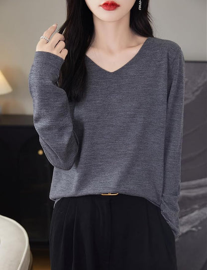 Chanyarn Women's 100% Merino Wool Base Layer Shirt Tops V Neck Long Sleeve Travel Hiking Tee T Shirt Pullover Sweater