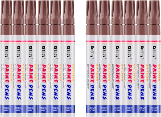 Brown Paint Markers, 12 Pack Oil-Based Waterproof Quick Dry Permanent Paint Pen Set for Rocks Painting, Wood, Fabric, Plastic, Canvas, Glass, Mugs, Metal, Tire, Stone, DIY Craft