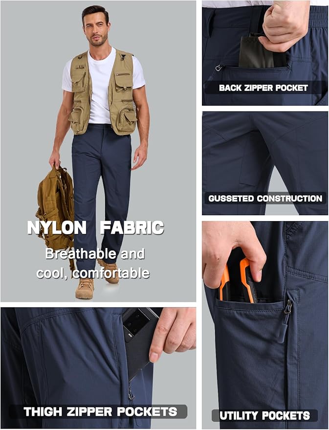 Mens Lightweight Cargo Hiking Patns Outdoor Quick Dry Work Tactical Pants with 6 Pockets Water Resistant Fishing Travel Pants
