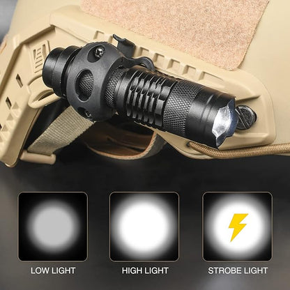 Helmet Light, Mini Zoomable Tactical Flashlight with Strobe/Strong/Low Lamp, Compact Helmet Mounted LED with Fast Helmet Clip Rail, 100 Lumens for Outdoor Cycling Hiking