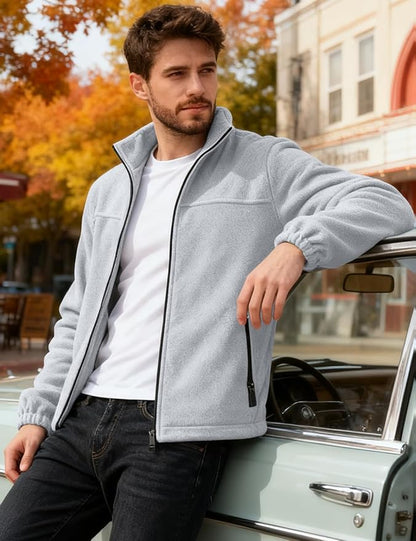 Mens Polar Fleece Jacket Full Zip Lightweight Casual Outdoor Jackets Stand Collar Warm Coats with Pockets