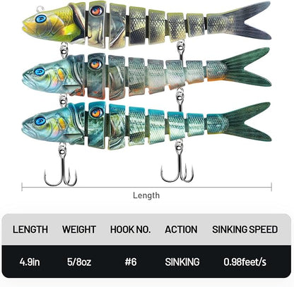 Handing Swimbaits for Bass Pike Walleye, 3 Pieces Lifelike Multi-Jointed Fishing Lures with Mustad Hooks, Fishing Bait for Freshwater and Saltwater