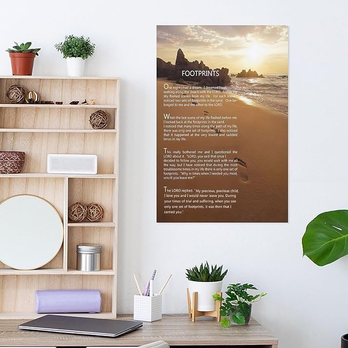 Footprints in the Sand Religious Canvas Wall Art Posters, Inspirational Beach Sunset Poem Print Poster (Unframed 24x36inch, Footprints(2))