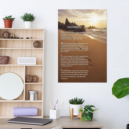 Footprints in the Sand Religious Canvas Wall Art Posters, Inspirational Beach Sunset Poem Print Poster (Unframed 24x36inch, Footprints(2))