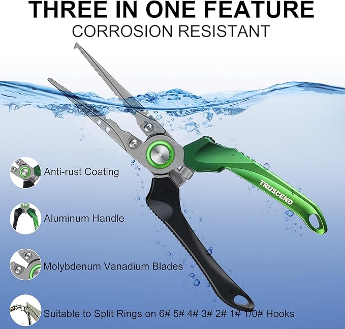 TRUSCEND Lockable Handy Fishing Pliers with Innovative Ergonomic Handle, Saltwater Corrosion Resistant Teflon Coated Fishing Tool, Multi-Function Fishing Gear with Mo-V Cutter