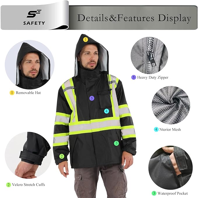 sesafety Hi Vis Rain Jacket, Rain Suits for Men Waterproof withBlack Bottom, Rain Coats for Men Interior Mesh, Class 3 HighVisibility Rain Gear,Removable Hood